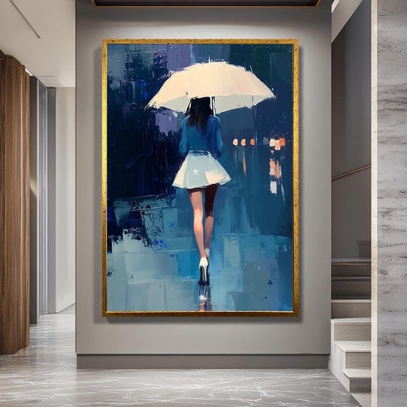Romantic Rainy Night Canvas Wall Art – Abstract Woman with Umbrella Walking in City Street Modern Blue Toned Print for Home Decor