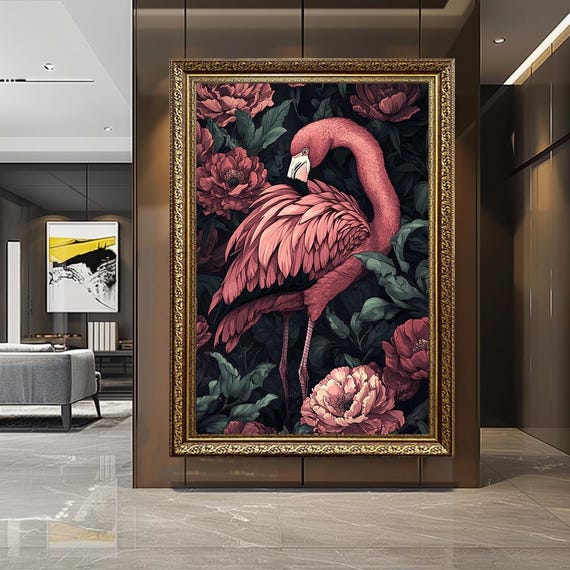 Elegant Flamingo with Floral Background – Botanical Bird Canvas Wall Art – Dark Romantic Nature Print for Living Room or Bedroom Decor