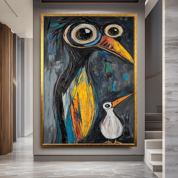 Whimsical Parent and Baby Bird Wall Art | Colorful Abstract Animal Canvas | Playful Expressionist Painting for Kids Room or Modern Home