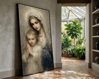Lienzo con la imagen serena de la Madre y el Niño, arte mural clásico de la Virgen con el Niño, decoración espiritual para el hogar, impresión religiosa en lienzo, obra de arte con un mensaje de bendición.
