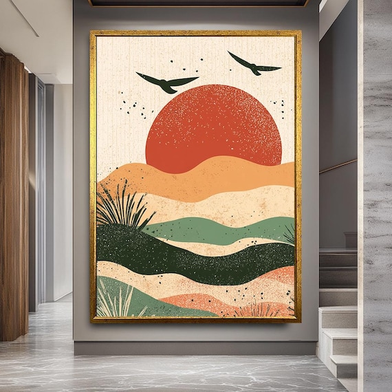 Abstract Sunset Landscape Wall Art With Birds And Desert Hills, Modern Boho Nature Canvas Print In Earth Tones For Living Room Decor