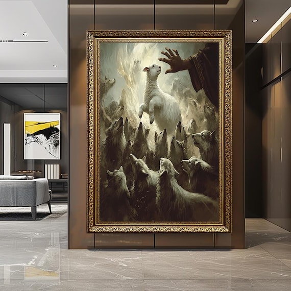 The Hand of God Protecting the Lamb – Christian Canvas Wall Art, Dramatic Religious Print, Spiritual Decor, Faith in Darkness, Divine Gift