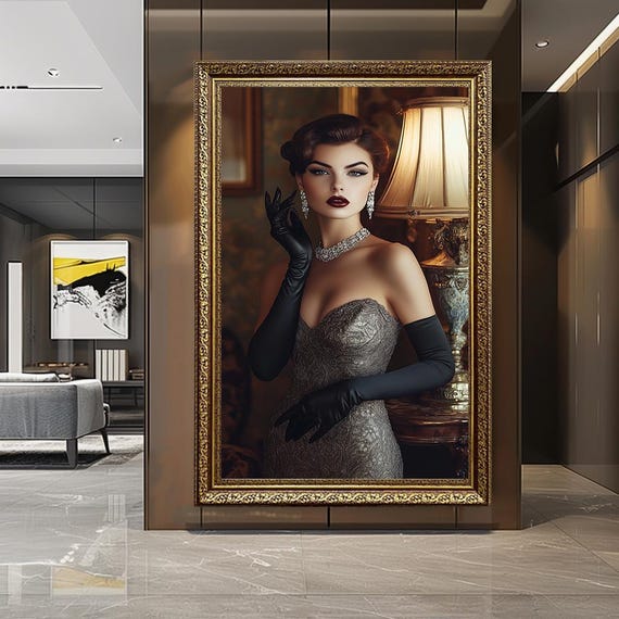 Vintage Glamour Woman Canvas Wall Art – Elegant Retro Lady Portrait in Evening Gown – Old Hollywood Style Fashion Decor Print