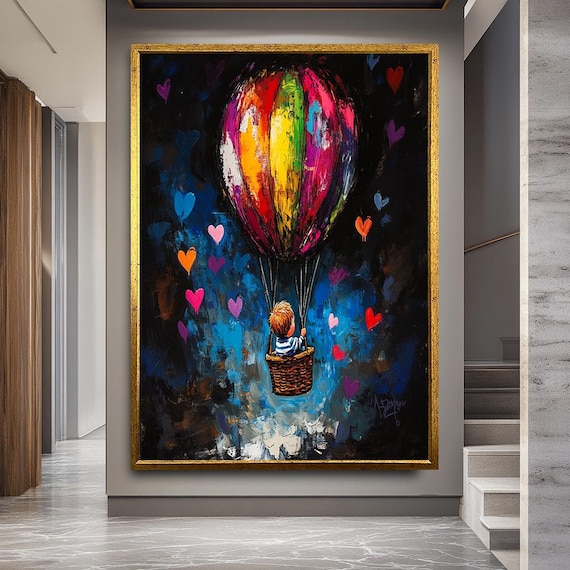 Banksy Balloon Canvas Art -Colorful Hot Air Balloon Wall Art | Child in Balloon Canvas Print | Whimsical Nursery Decor | Fantasy Adventure