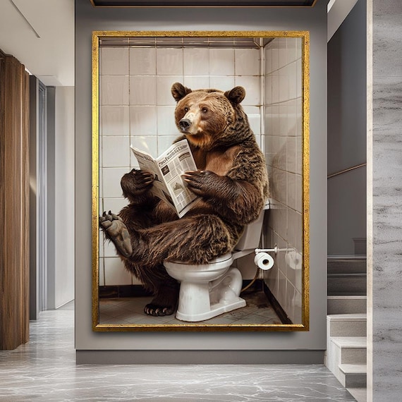 Funny Bear Bathroom Wall Art | Quirky Animal on Toilet Canvas Print|Humorous Wildlife Decor for Restroom,Cabin or Man Cave,Toilet wall decor