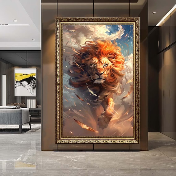 Majestic Lion Canvas Wall Art – Powerful Fantasy Lion Portrait – Dramatic Wildlife Artwork for Bold Home Decor