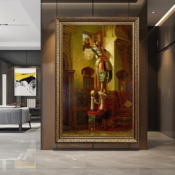 Orientalist Romantic Scene Canvas Wall Art, Historic Middle Eastern Painting Print, Classic Vintage Artwork for Cultural or Elegant