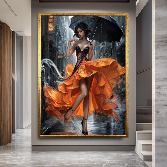Elegant Woman in Orange Dress with Umbrella Wall Art | Dramatic Fashion-Inspired Canvas Print | Rainy Urban Scene for Chic Home Decor