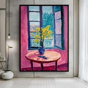 Quadro em tela com cena de janela iluminada e flores amarelas – Impressão colorida de natureza morta para interiores – Decoração moderna e ousada em estilo fauvista para casa