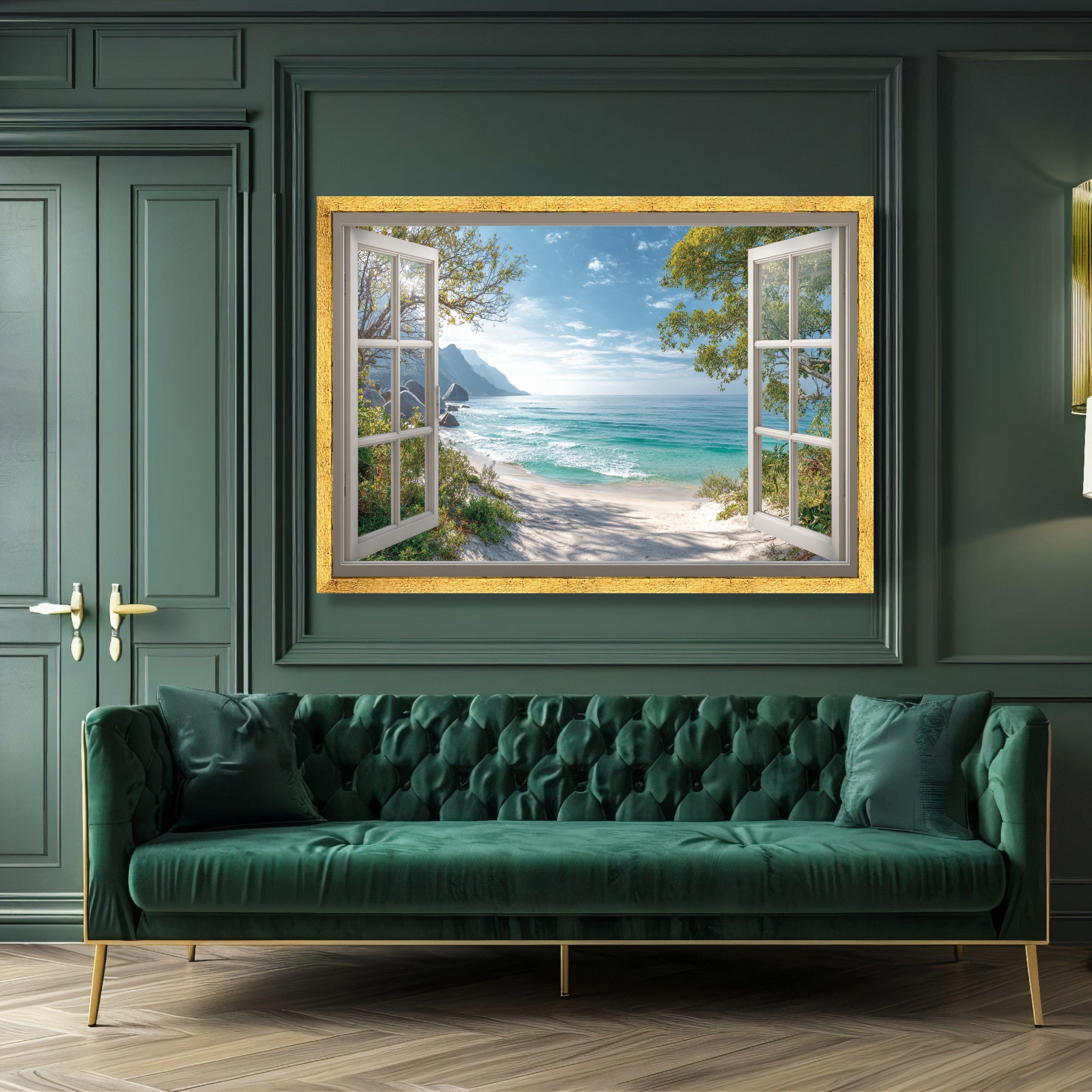 Ocean View Through Open Window Canvas, Tropical Beach Wall Art, Seaside ...