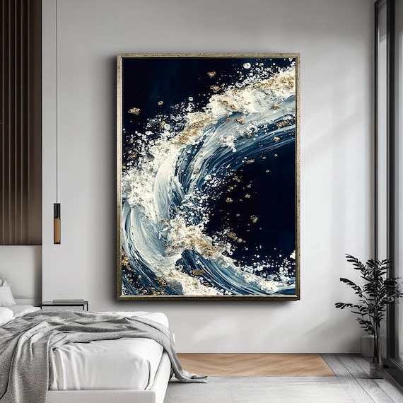 Abstract Ocean Wave Canvas Wall Art | Blue, White & Gold Fluid Painting Print | Modern Coastal Minimalist Artwork for Living Room or Office