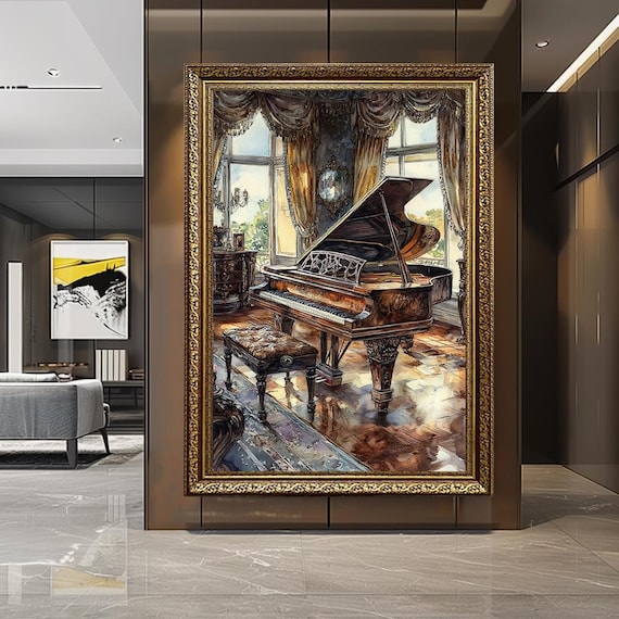 Vintage Grand Piano Canvas Wall Art – Elegant Classical Music Room Painting, Luxury Interior Decor Print,Victorian Style Art for Living Room