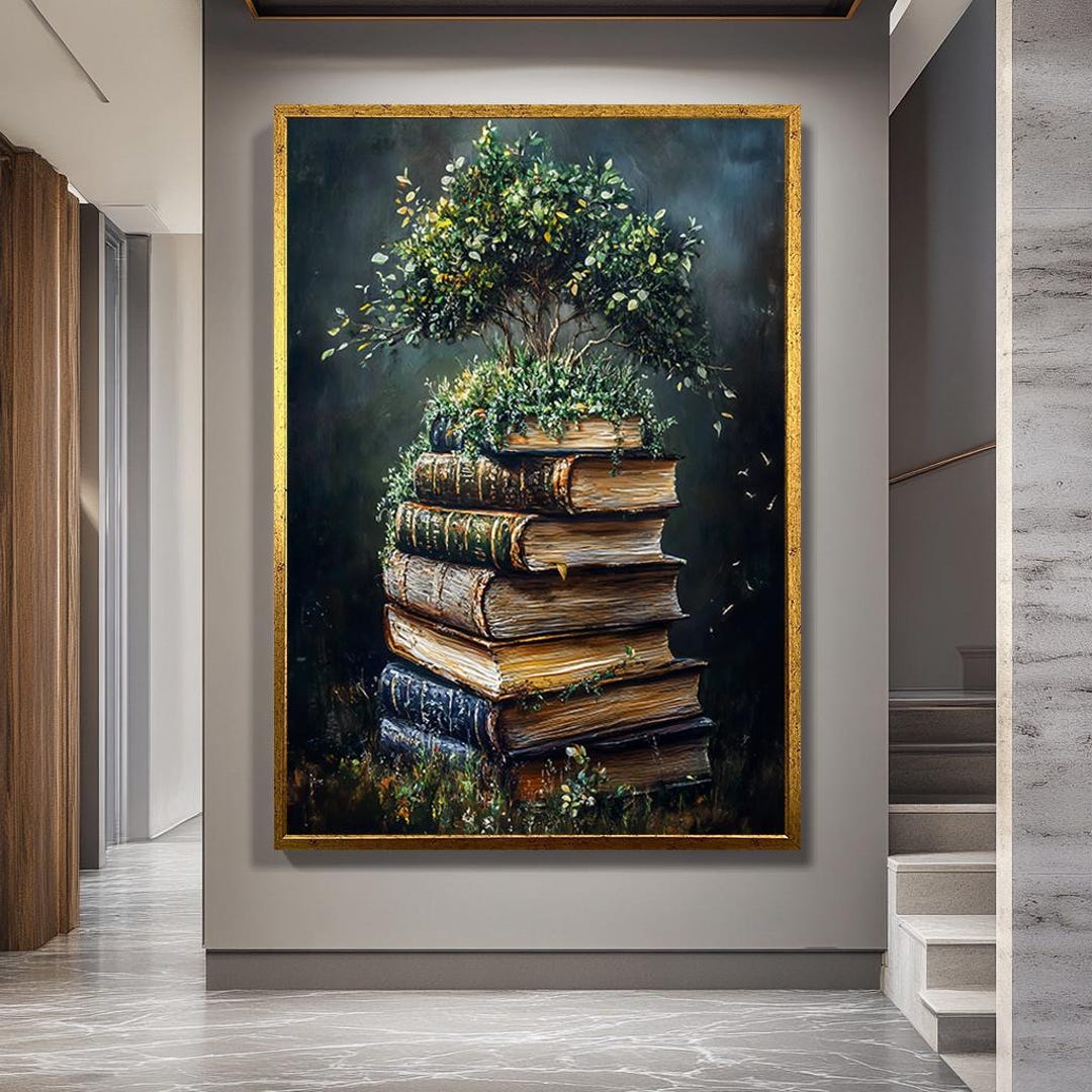 アートブック3冊セット artbook インテリア Tree Growing From Books Canvas Wall Art, Vintage Botanical Library