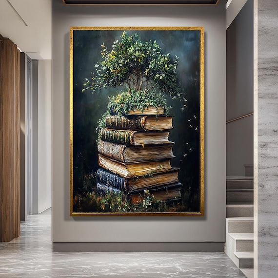 Tree Growing from Books Canvas Wall Art, Vintage Botanical Library Print, Nature and Knowledge Themed Artwork for Study or Office Decor