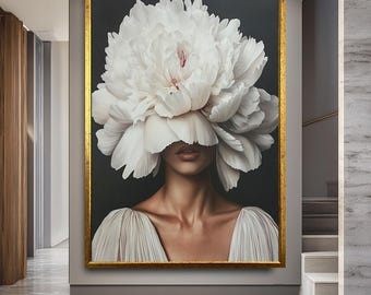 Modern Floral Wall Art Woman with White Flower Head Surreal Portrait Print Minimalist Aesthetic Canvas for Bedroom or Living Room