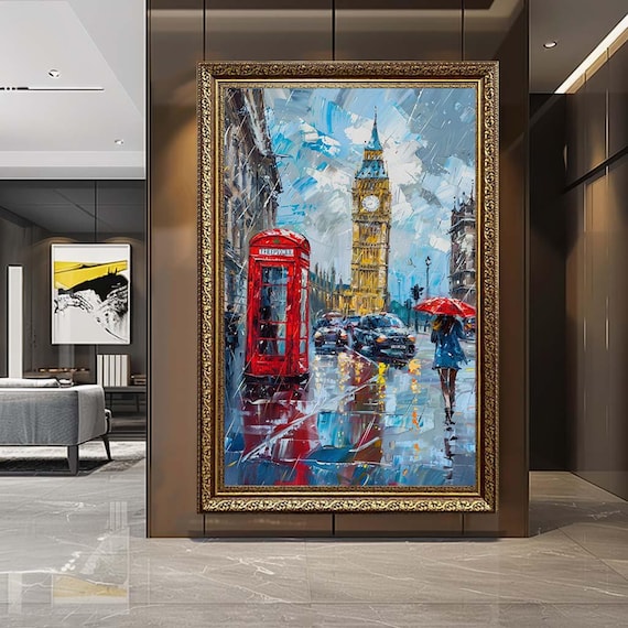 London Big Ben Canvas Wall Art – Rainy London Street Print – Colorful Cityscape Artwork for Modern Home Decor