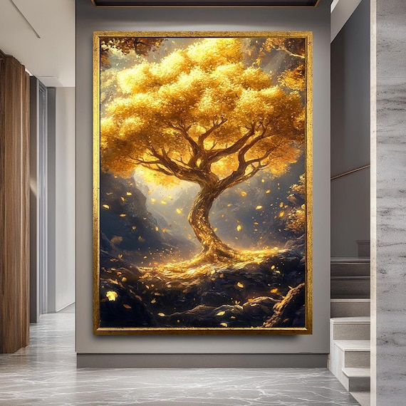 Golden Tree of Life Canvas Print, Glowing Nature Wall Art, Mystical Forest Artwork for Living Room or Meditation Space Decor