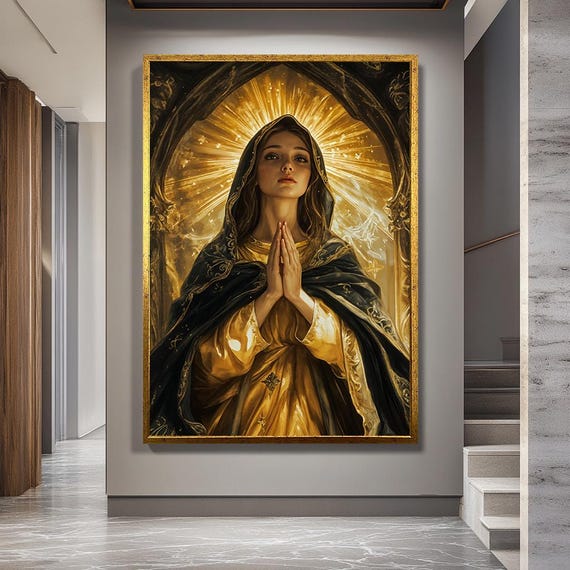 Holy Virgin Mary Canvas Wall Art – Radiant Sacred Portrait with Golden Light and Prayer Pose Spiritual Catholic Decor for Religious Spaces