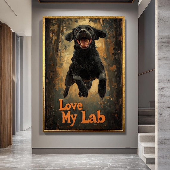 Love My Lab Canvas Wall Art – Happy Black Labrador Dog Jumping in Forest – Playful Pet Poster Print for Dog Lovers and Home Decor