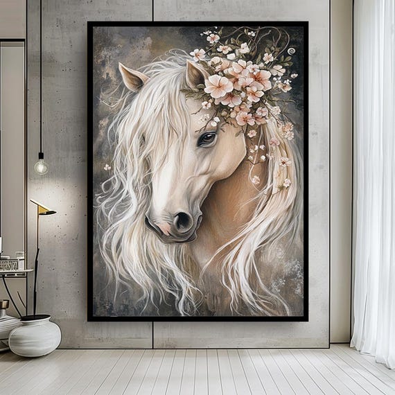 White Horse Canvas Wall Art – Romantic Horse Portrait with Floral Crown – Boho Chic Animal Print for Feminine or Nature-Inspired Decor