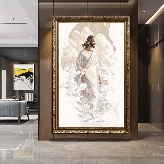 Jesus in Clouds Canvas Wall Art – Minimalist Christian Spiritual Print – Elegant Faith Inspired Artwork for Peaceful Home Decor