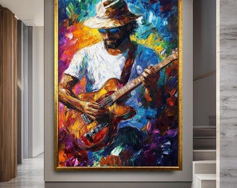 Lienzo de guitarrista colorido con marco dorado, retrato de músico audaz para sala de estar o estudio, decoración musical moderna.