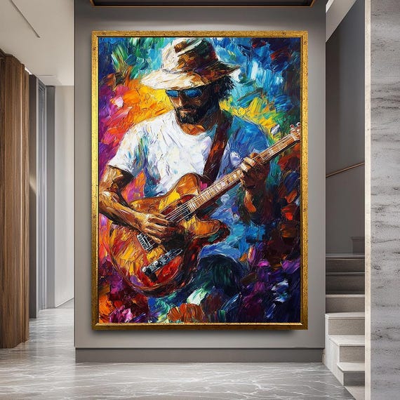 Colorful Guitarist Canvas Print Wall Art with Gold Frame, Bold Musician Portrait for Living Room or Studio, Modern Music Decor