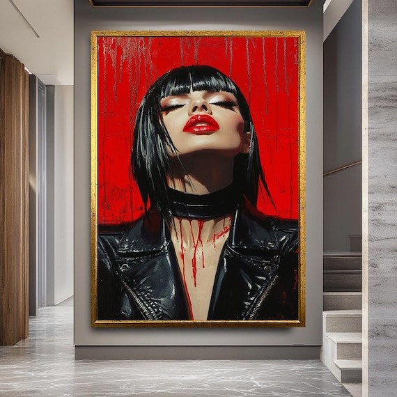 Gothic Woman Portrait Canvas – Red and Black Wall Art with Leather Jacket – Bold Modern Punk Girl Art Print for Edgy Home Decor