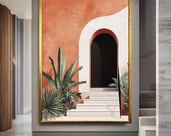Terracotta Archway Canvas Print, Mediterranean Boho Wall Art with Tropical Plants, Warm Earth Tone Decor for Living Room or Hallway