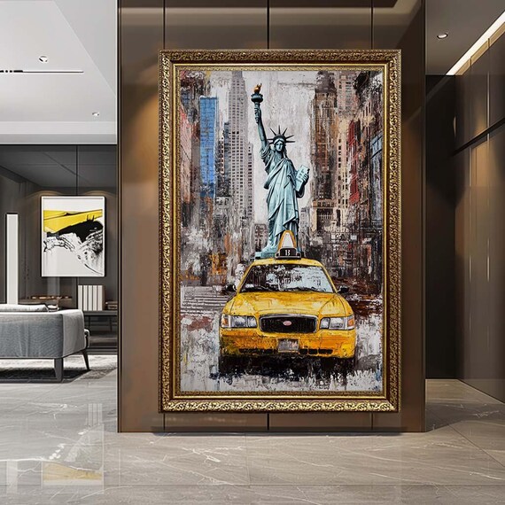 Statue of Liberty New York Canvas Wall Art – NYC Taxi Cityscape Print – Modern Urban Artwork for City Lover Decor