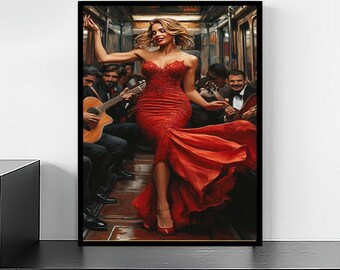 lady in red dress canvas Lady in Red Dress Canvas Wall Art, Elegant Romantic Woman Portrait Print, Classic Glamour Artwork for Bedroom or Dressing Room Decor