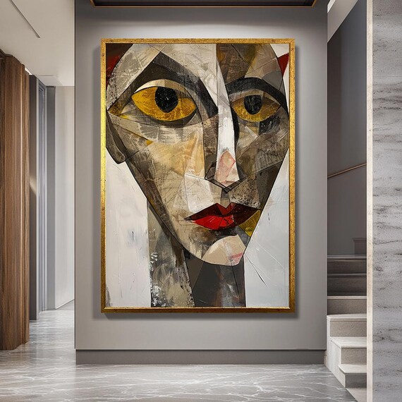 Abstract Face Canvas Wall Art, Cubist Style Modern Portrait Print, Geometric Expressionist Artwork for Contemporary Home or Studio Decor