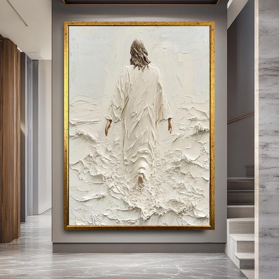 Jesus Walking on Water Textured Canvas, 3D Minimalist Religious Wall Art, Christian Faith Home Decor