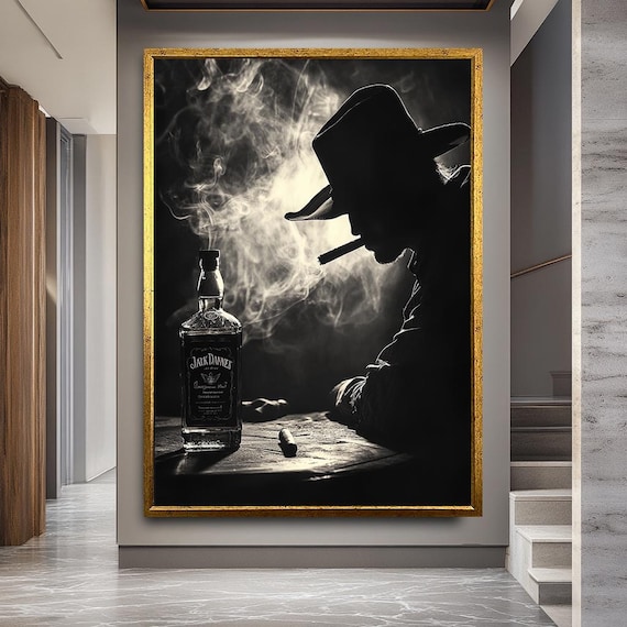 Whiskey and Cigar Noir Canvas Print, Cowboy Silhouette Wall Art, Black and White Bar Decor for Men’s Room