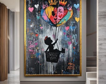 Banksy Ballon Girl Leinwanddruck: Buntes Kinderzimmer Poster im Graffiti Stil