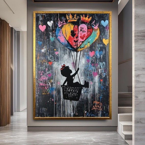 Graffiti Banksy Canvas Art - Colorful Crown Balloon Girl Canvas | Whimsical Wall Art for Kids Room | Urban Street Art Style Nursery Print
