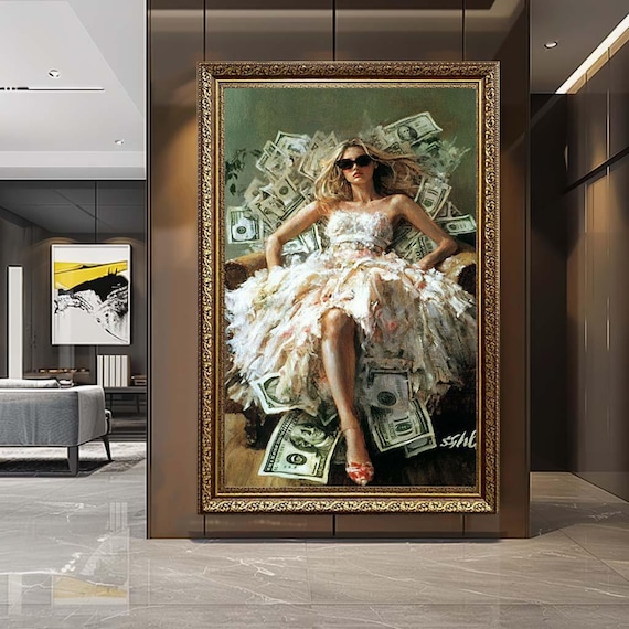 Luxury Woman Money Canvas Wall Art – Fashion Wealth Print – Glam Lifestyle Artwork for Modern Chic Home Decor