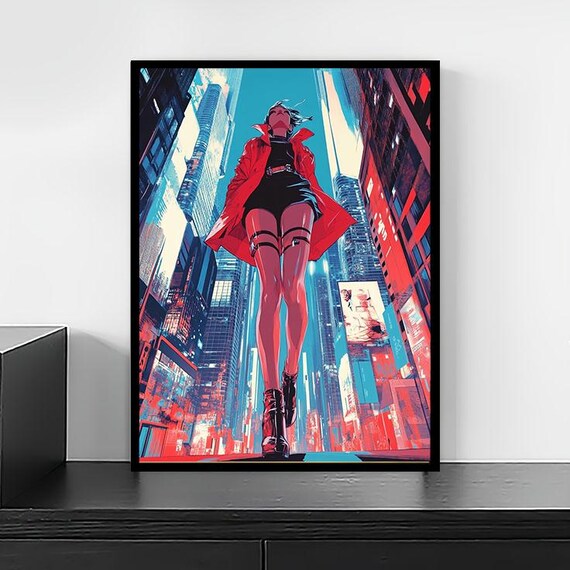 Cyberpunk Woman Canvas Print Wall Art in Red Jacket, Futuristic Neon Cityscape Artwork for Gaming Room or Modern Urban Decor