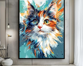 Abstract Calico Cat Canvas Wall Art in Bold Splash Colors – Vibrant Artistic Pet Portrait Print for Modern Cat Lover Decor