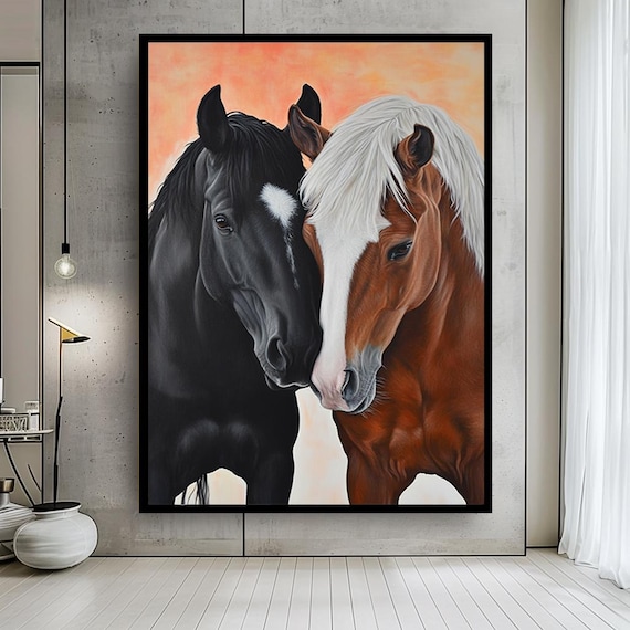 Black and Brown Horses Canvas Wall Art – Romantic Horse Couple Painting Print – Emotional Animal Artwork for Rustic or Modern Decor