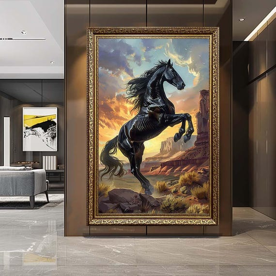 Majestic Black Stallion Canvas Wall Art – Rearing Horse in Desert Sunset Landscape – Powerful Equestrian Artwork for Rustic Home Decor