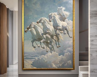 Pegasus Canvas Print: White Horses in Clouds, Fantasy Wall Art
