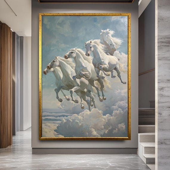 Heavenly White Horses Wall Art | Fantasy Pegasus-Inspired Horse Canvas Print | Majestic Cloud Scene Painting for Living Room or Office Decor