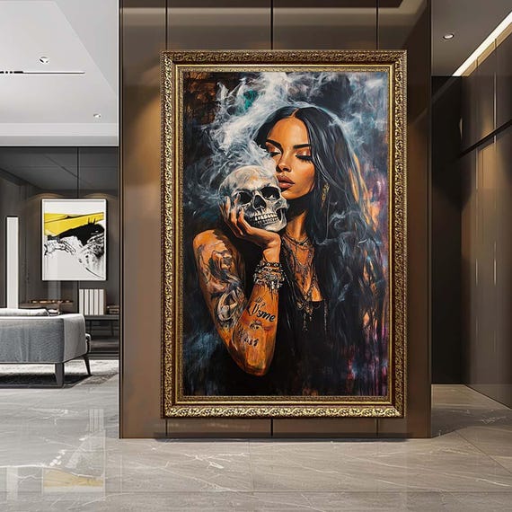 Dark Gothic Woman with Skull Canvas Wall Art – Smoky Tattooed Girl Portrait Print – Edgy Alternative Artwork for Modern Decor