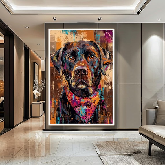 Colorful Black Labrador Canvas Wall Art – Abstract Dog Portrait with Vibrant Bandana – Modern Pet Painting Print for Dog Lovers