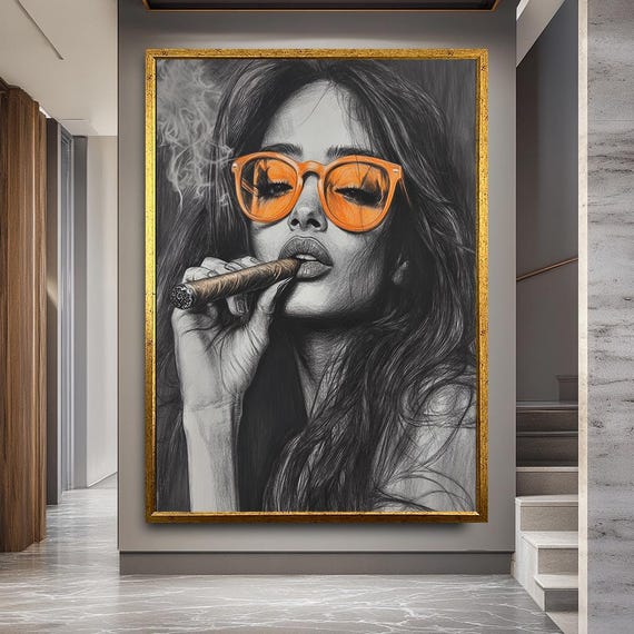Woman Smoking Cigar Canvas Print, Black and White Portrait with Orange Glasses, Modern Pop Art Wall Decor for Living Room or Bar