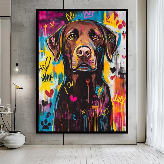 Graffiti Style Labrador Canvas Wall Art – Colorful Urban Dog Portrait with Street Art Vibes – Modern Pop Pet Print for Dog Lovers
