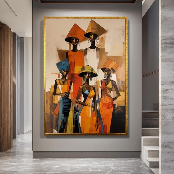 Abstract African Women Canvas Wall Art – Colorful Geometric Ethnic Print Celebrating Culture and Beauty for Modern Boho Home Decor