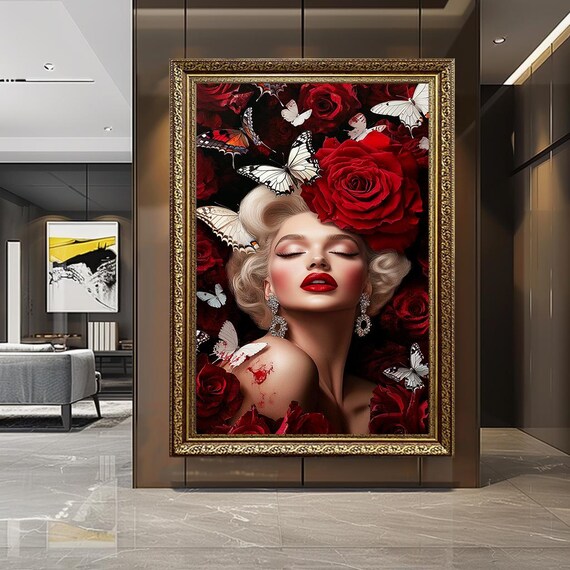 Hollywood Glam Woman with Roses and Butterflies | Romantic Red Floral Portrait Canvas | Elegant Feminine Wall Art for Chic Interiors
