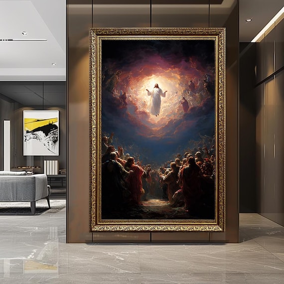 Jesus Ascension into Heaven Canvas Wall Art – Dramatic Christian Religious Scene – Spiritual Baroque Style Godly Light Artwork